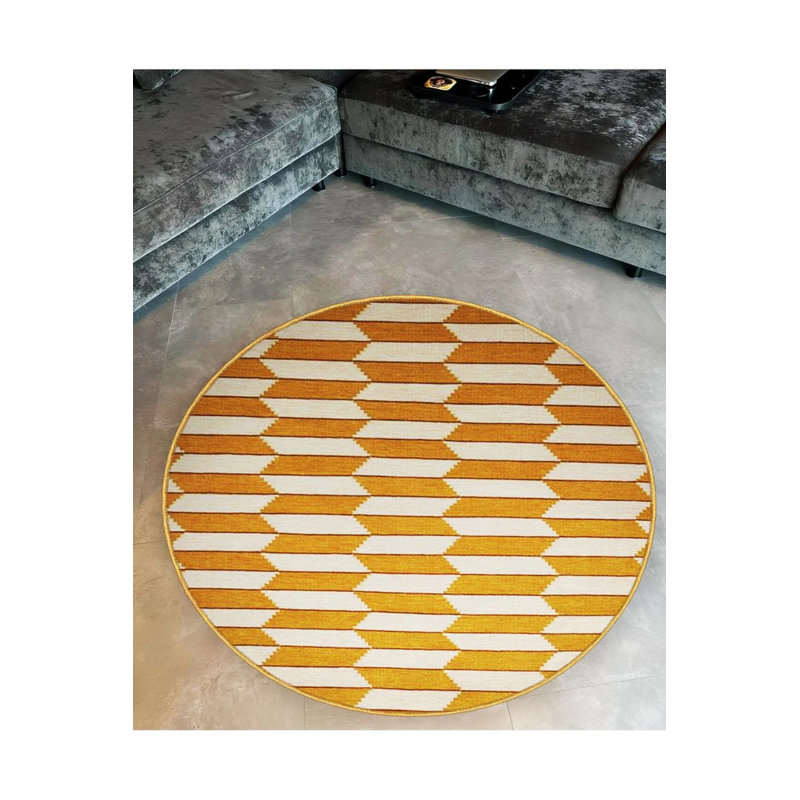 Yellow Geometric Patterned Round Woven Base Modern Decorative Carpet, Round 5'