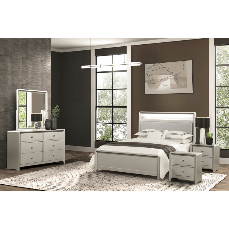 Ensemble de chambre à coucher Zachery, Lit simple, Cinq pièces : Lit, 2 tables de chevet, commode, m