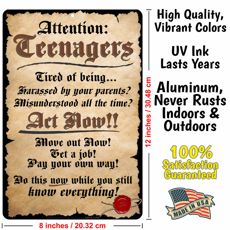 Funny Attention Teenagers Aluminum 8x12 Sign