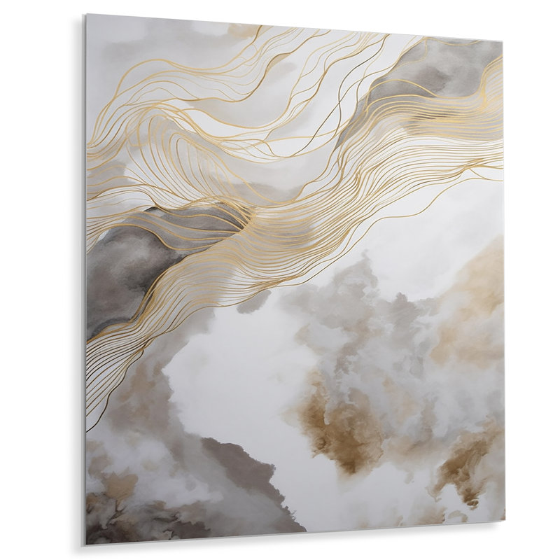 Or et gris abstrait ligne artistique V - Minimalisme ligne art mural en métal, H 44 po x l 34 po