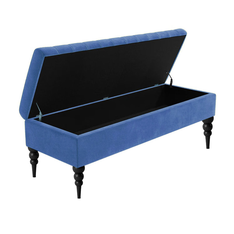 Sierra Striped Upholstered Ottoman Storage Bench - Naples Shoe Bench Footstool with Storage & Turned Wooden Legs, Blue