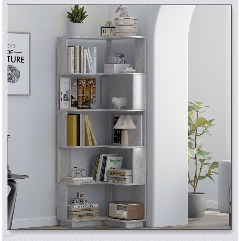 Bibliothèque de coin autoportante en forme de L à 6 niveaux avec panneaux anti-chute et dispositif anti-basculement pour le salon, la chambre à coucher et le bureau personnel