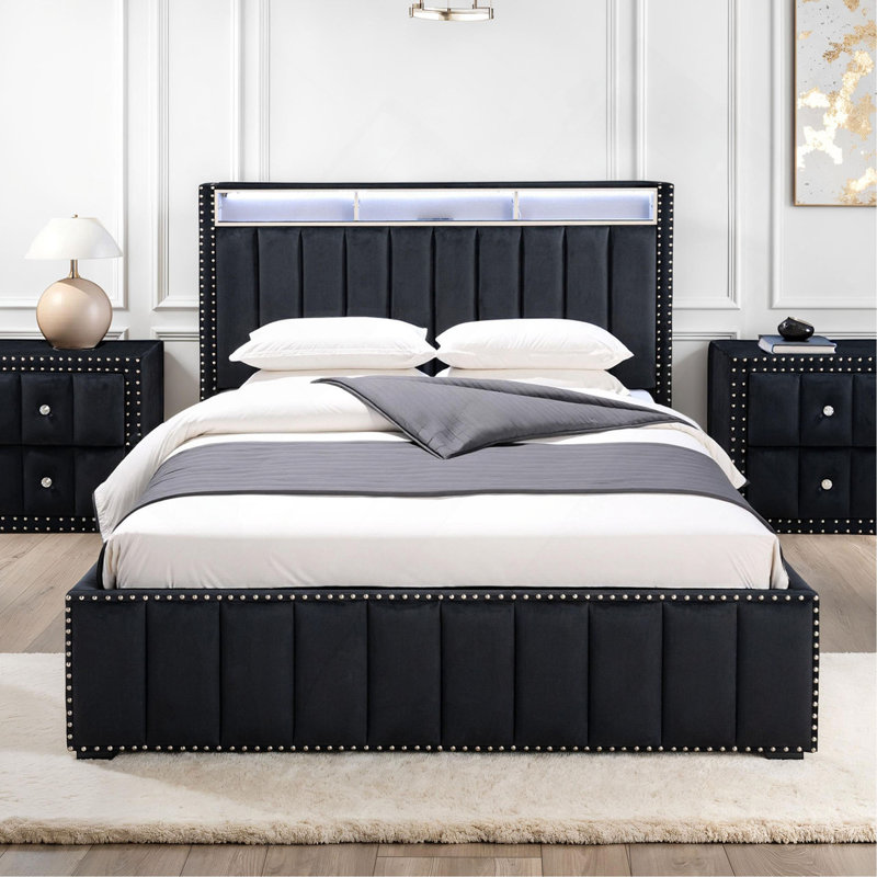 Tête de clou en tissu de chambre à coucher capitonnée glam, Noir, Lit double