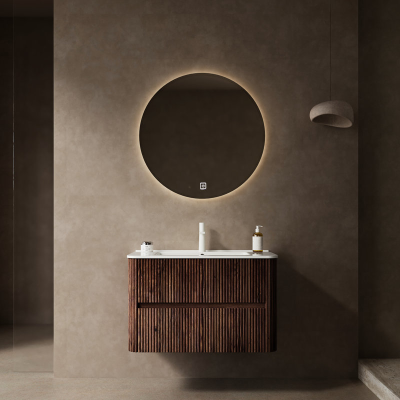 Meuble-lavabo de salle de bain avec lavabo en céramique, armoire de contreplaqué flottant moderne, 2 tiroirs, couvercle de trou de lavabo, drain, pré-assemblé, lavabo rétro en noyer, finition