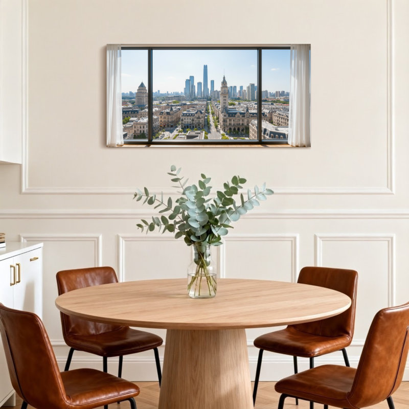 Vue de paysage urbain à travers un cadre de fenêtre Z251225161612195156, H 16 po x l 32 po