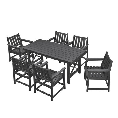 7 Pieces HDPE Outdoor Dining Set, Patio Dining Set With Umbrella Hole, All Weather Outdoor Dining Table Sets For 6, HDPE Patio Furniture Sets For Deck, Backyard, Lawn, And Poolside