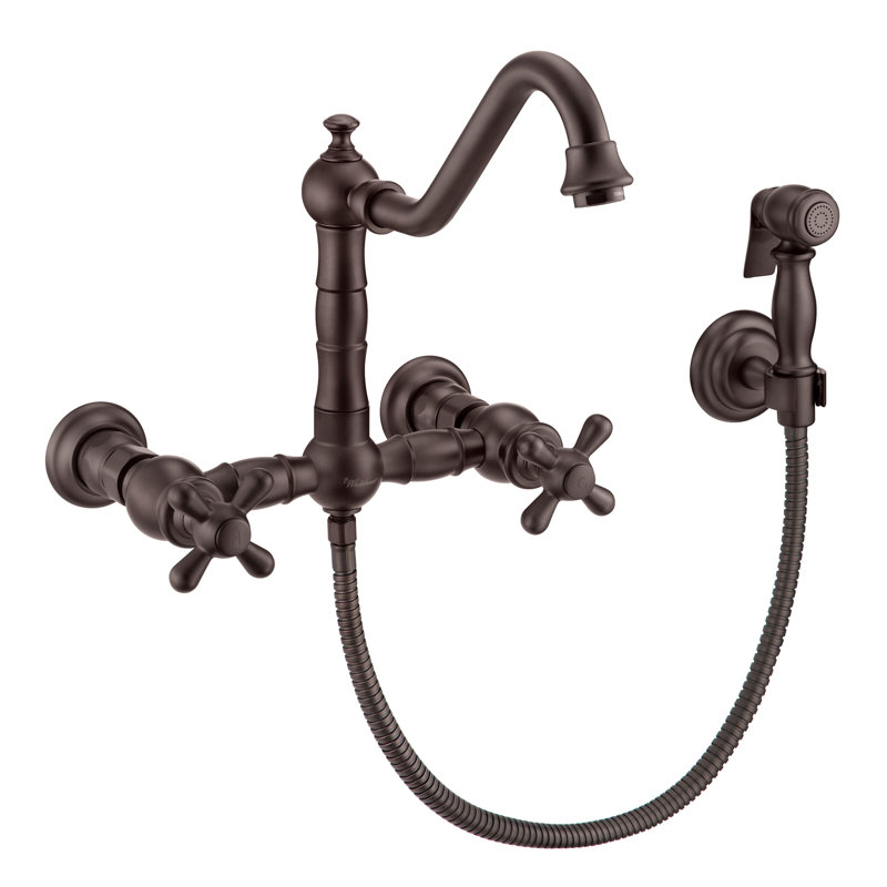Whitehaus Wall Mount Faucet with Long Traditional Swivel Spout and Solid Brass Side Spray, Oil Rubbed Bronze, Cross