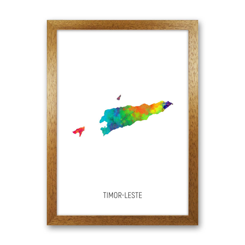 Timor-Leste Watercolour Map by Michael Tompsett - Print, Brown Framed, 63cm H x 46cm W x 3cm D