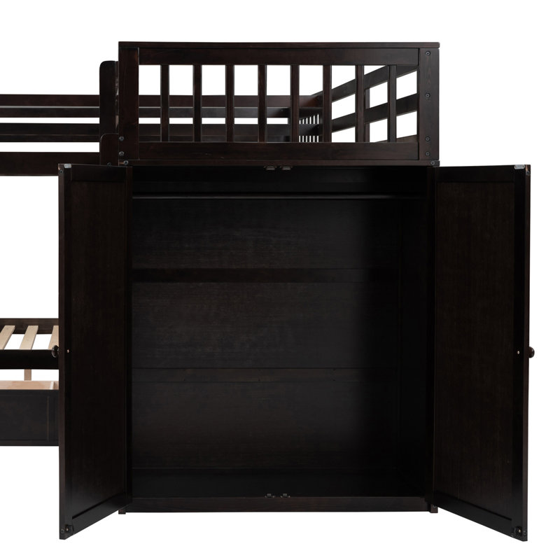 118'' Solid Wood Twin-Twin Over Full L-Shaped Bunk Bed With 3 Drawers, Portable Desk And Wardrobe, Espresso