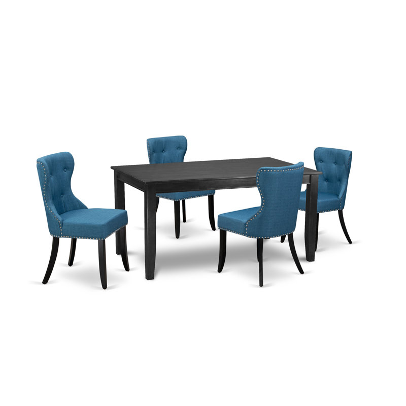 Ensemble de table de salle à manger 5 pièces comprenant une table de cuisine rectangulaire et 4 chaises de salle à manger Parson en tissu bleu, noir