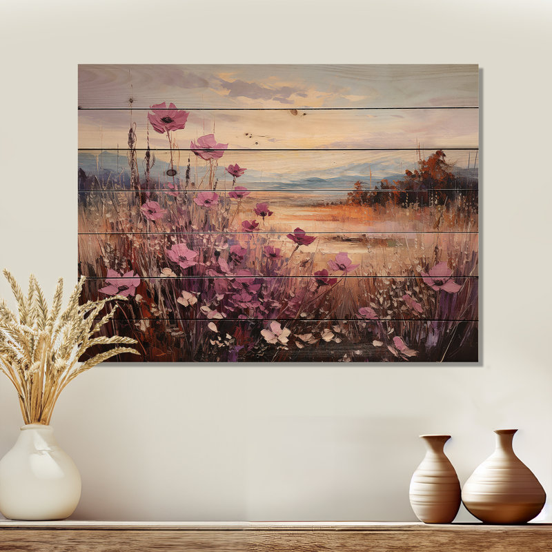 «Violet Flower Meadow Harmony», art mural en bois sur fond de pin naturel, H 30 po x l 40 po