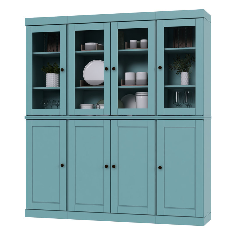 Armoire de cuisine haute 100% en bois massif avec portes en verre et 2 tiroirs, tablettes réglables, armoire de rangement modulaire de cuisine Pulcova, l 65 po x H 71,5 po