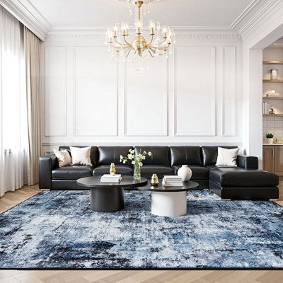Tapis bleu foncé 9 pi x 12 pi à motif abstrait moderne lavable