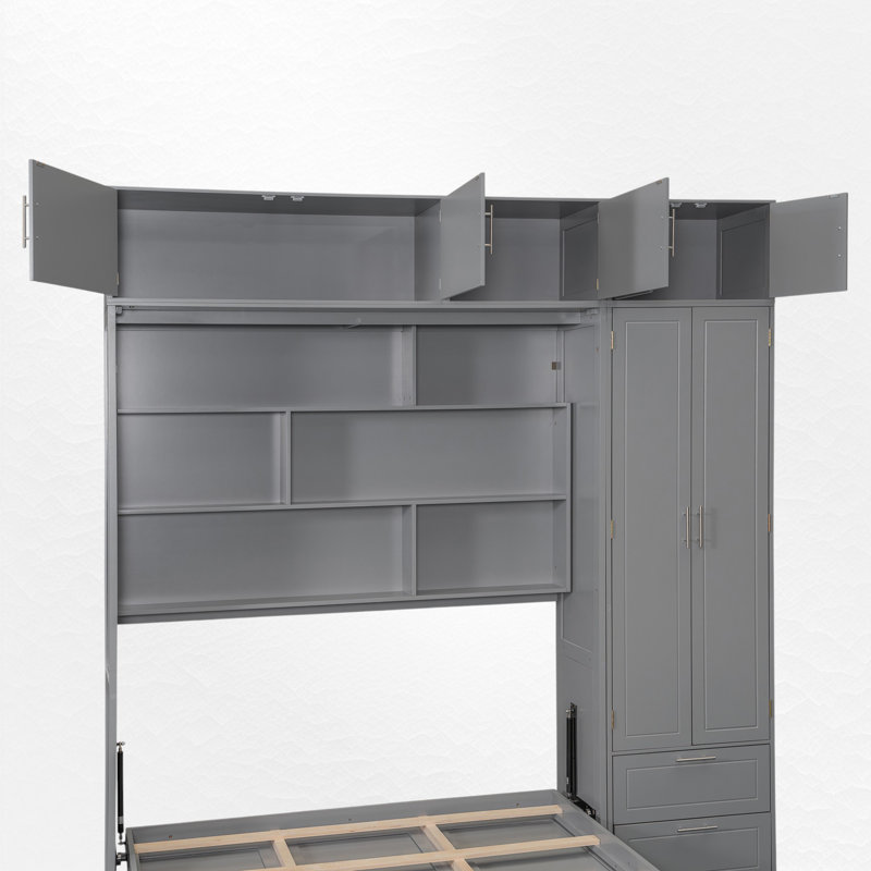 Grand lit escamotable avec garde-robe et armoire, Gris