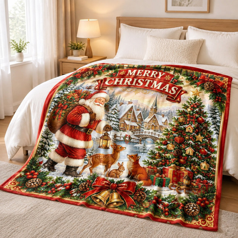 Couverture de Noël douillette, jeté en molleton motif Père Noël et scène hivernale, décoration festive pour canapé, lit et maison en toutes saisons