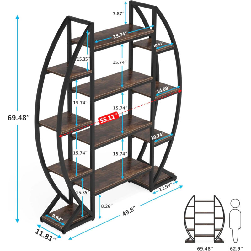 Triple bibliothèque ovale rustique industrielle pour bureau et salon, solution de rangement durable et élégante