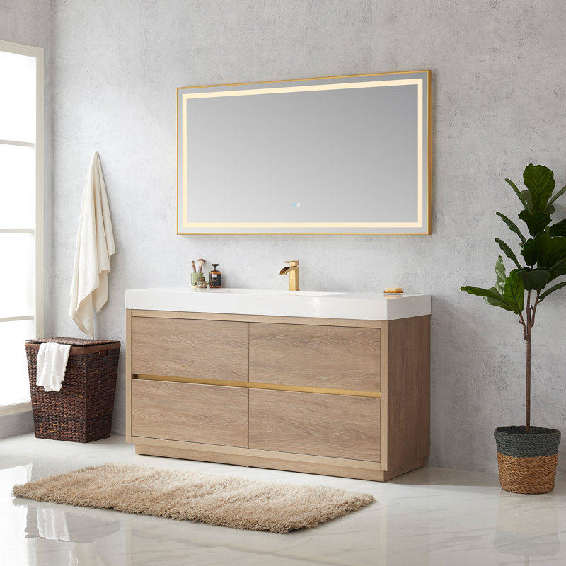 Beira 59.8'' Single Bathroom Vanity with Composite Top, White, North American Oak