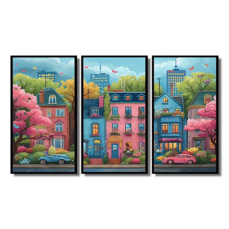 Ensemble de décoration murale rose Toronto Cityscape View III - City Toronto, Toile avec cadre flottant noir