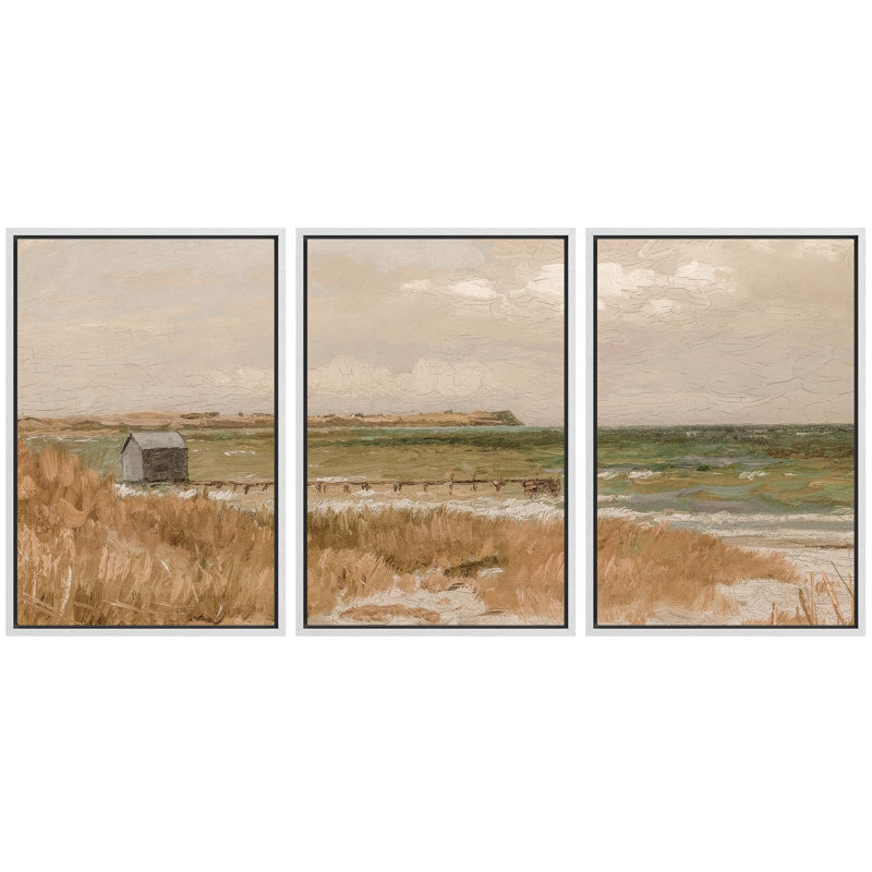 «Seaside Solitude, côtières, dunes et phare, paysage naturel, illustration, décoration», 3 pièces, Cadre blanc