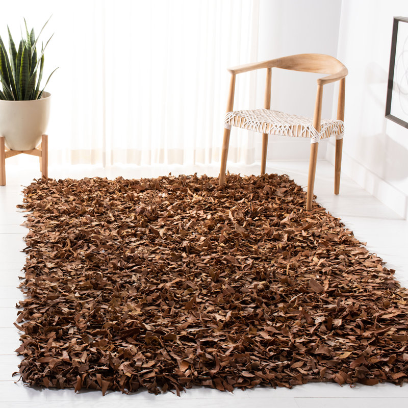 Tapis en cuir de couleur unie à poils longs tissé à la main, Rectangle 8 pi x 10 pi