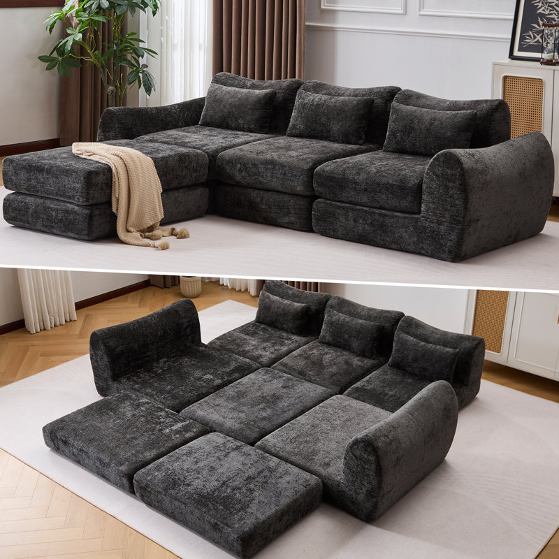 Canapé-lit convertible rembourré 104,72 po avec 3 coussins, canapé amovible, canapé-lit de plancher, canapé-lit modulaire modulaire en chenille moelleux, lits désossés pour le salon, sans assemblage