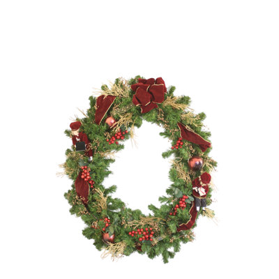 Burgundy Wreath with Ornaments and Ribbon