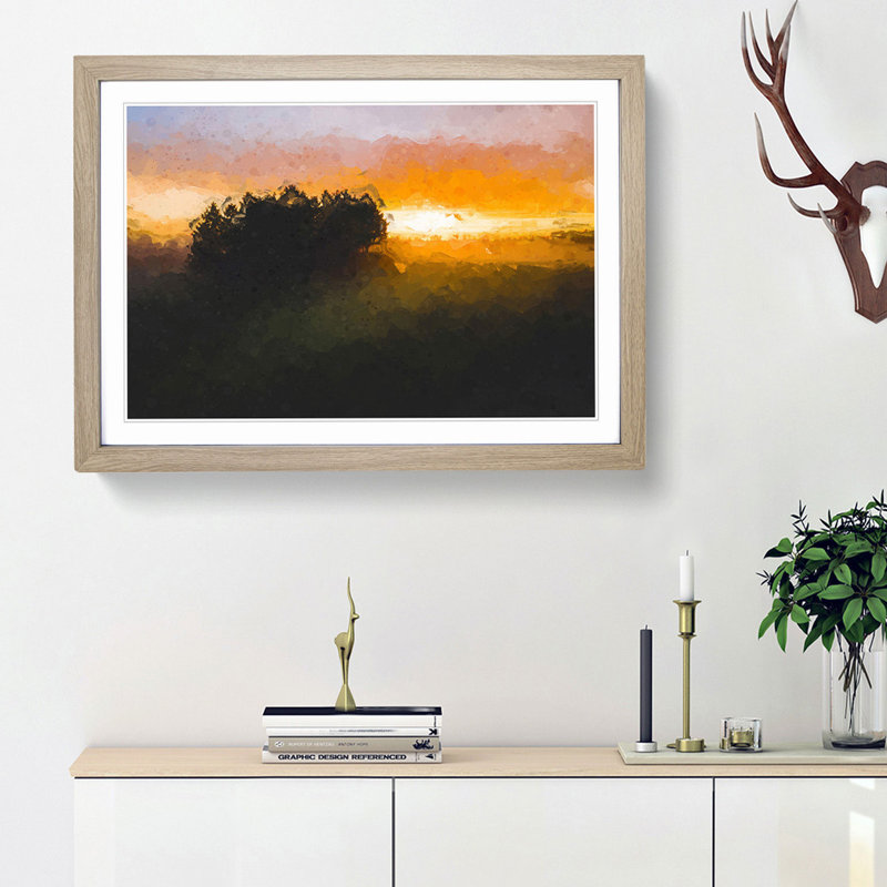 Sunrise over a Meadow in Abstract - Picture Frame Graphic Art Print, 48cm H x 65cm W x 2cm D, Oak Framed