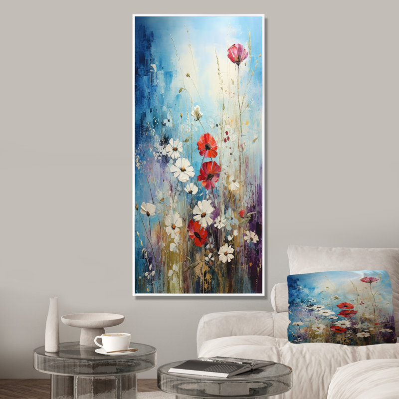 «Meadow View I», art mural rouge et blanc, Cadre flottant blanc, H 60 po x l 28 po x P 1,5 po