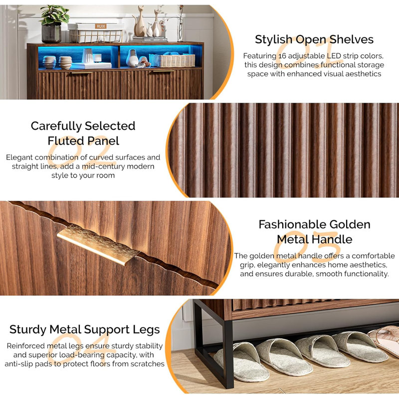 47.2 Inch Wide Slatted 4 Flip Drawers 1 Compartment Storage LED Light Shoe Cabinet, Walnut