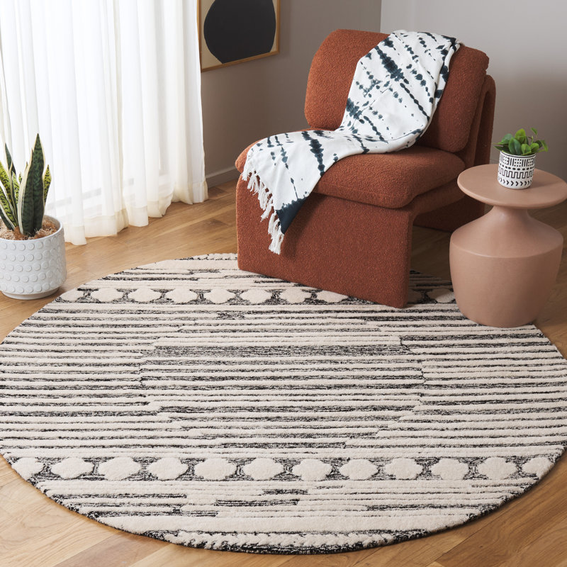 Tapis en laine / coton touffeté à la main Landrie en ivoire / noir Landrie, Rond 6 pi