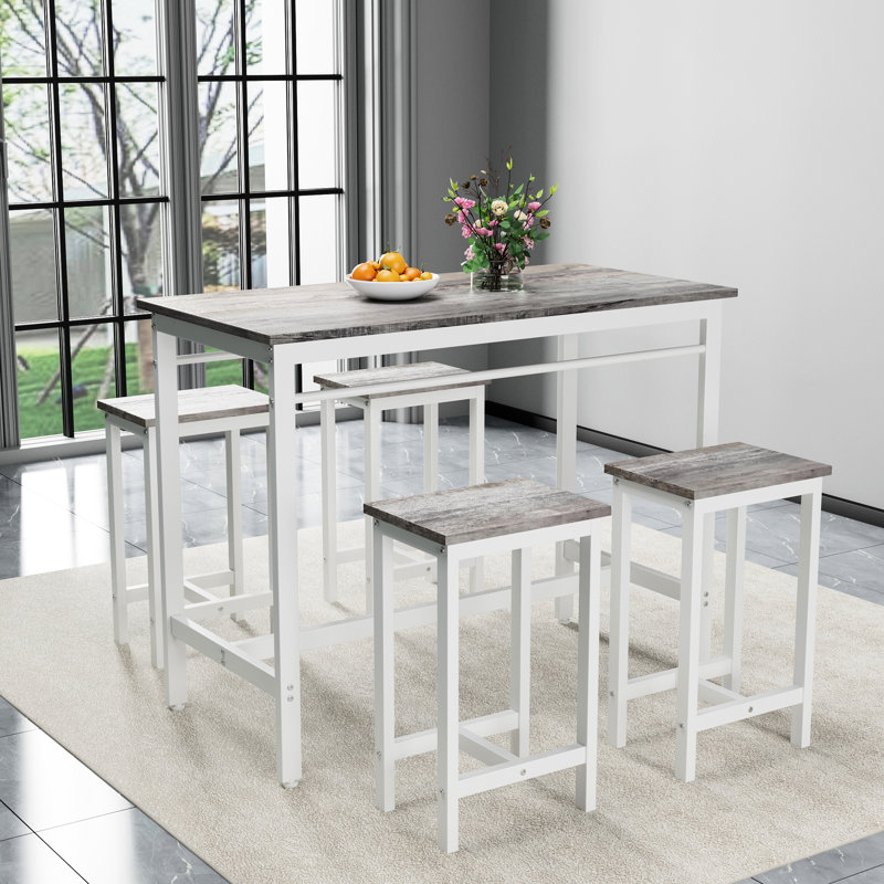Table de salle à manger rustique 5 pièces et quatre tabourets de bar, structure en métal, chêne blanc, idéal pour les réunions de famille à la maison