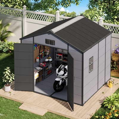 8 x 8 FT Resin Storage Shed, Steel‑Reinforced Waterproof Outdoor Sheds with Floor & Weather-Resistant Sloped Roof, Outside Plastic Tool Shed for Backyard Patio Poolside Lawn
