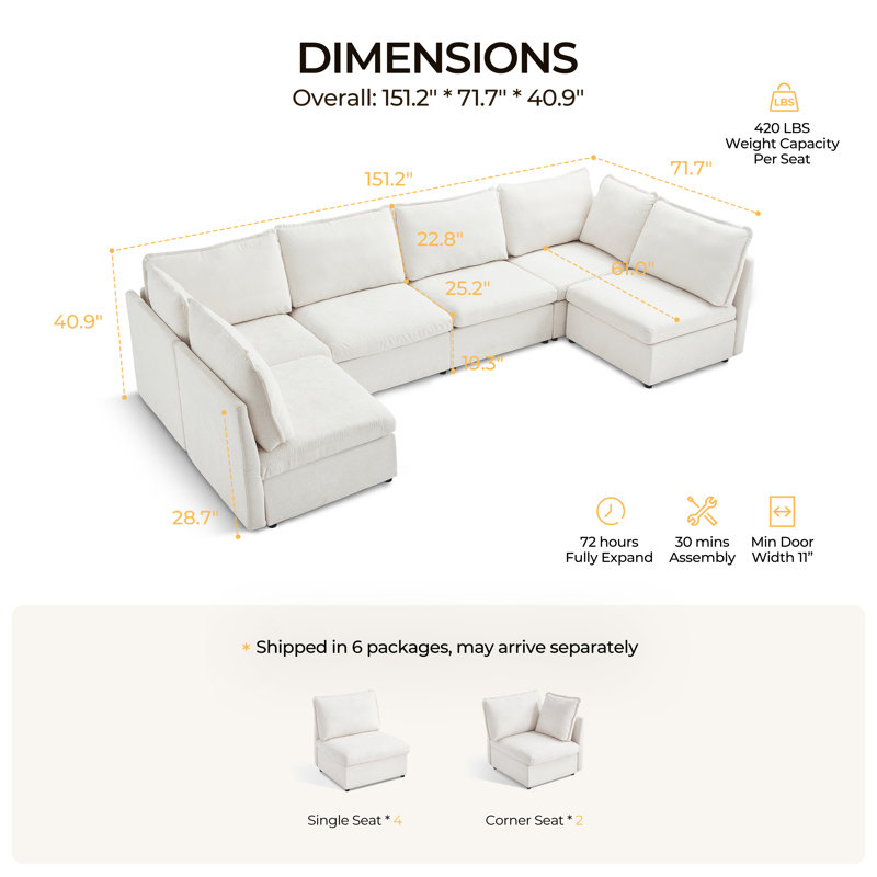  Canapé-lit modulaire surdimensionné à 6 places avec canapé-lit modulaire en chenille convertible profond, Chenille crème