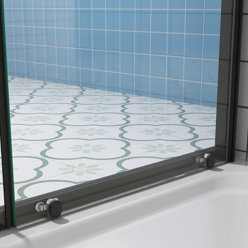 Single Sliding Shower Door 56-60" W X 72" H Semi-Frameless Shower Glass Panel, 1/4" (6Mm) Clear Tempered Glass, Transparent Safety Film For Glass,Aluminium Alloy Matte Black,Reversible Installation