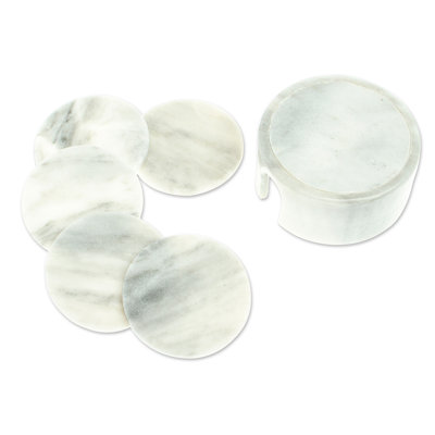 Marble Round 5 Piece Coaster Set With Holder