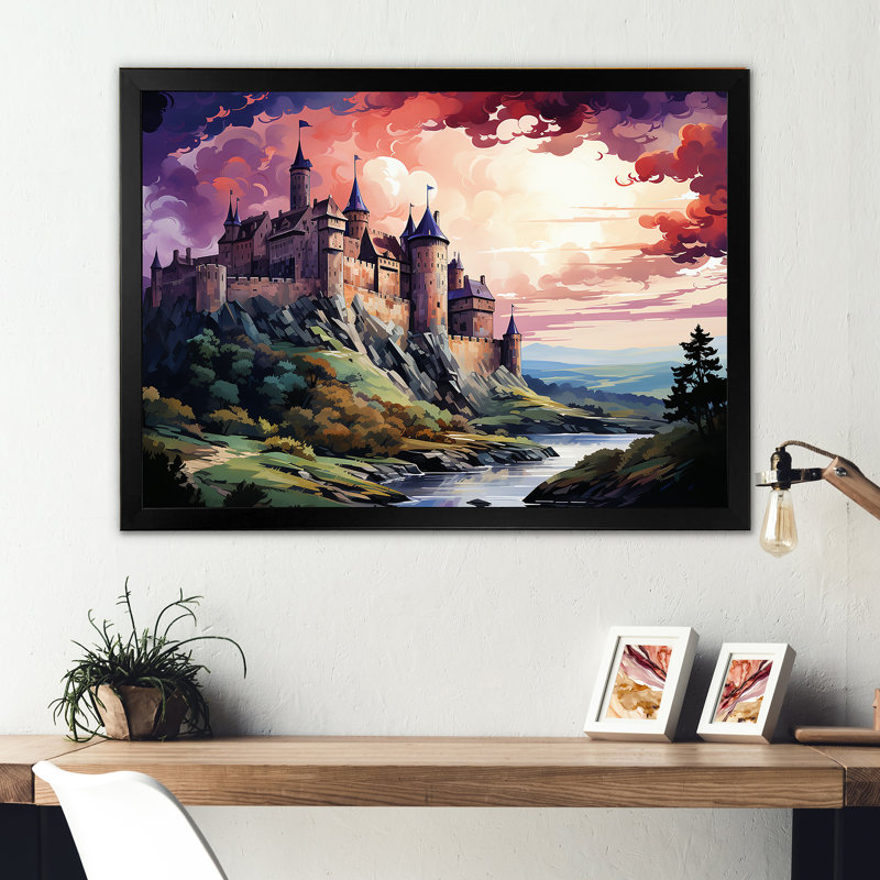 Château français médiéval, H 16 po x l 32 po x P 1 po, Cadre simple noir