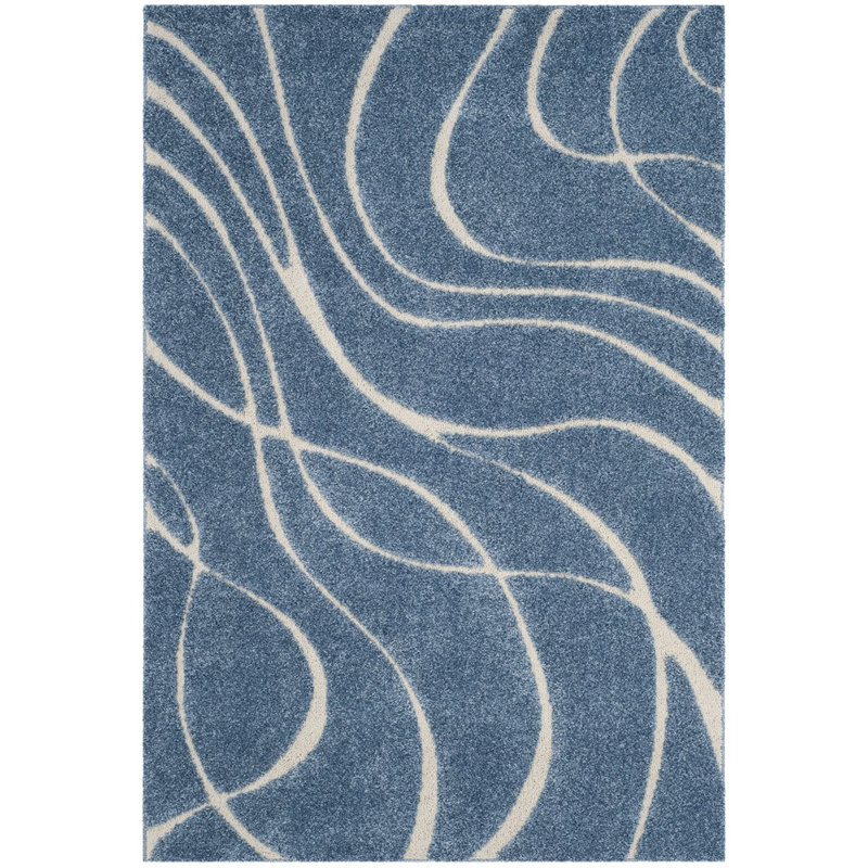 Ashal Abstract Shag Light Blue/Cream Area Rug, Rectangle 6' x 9'