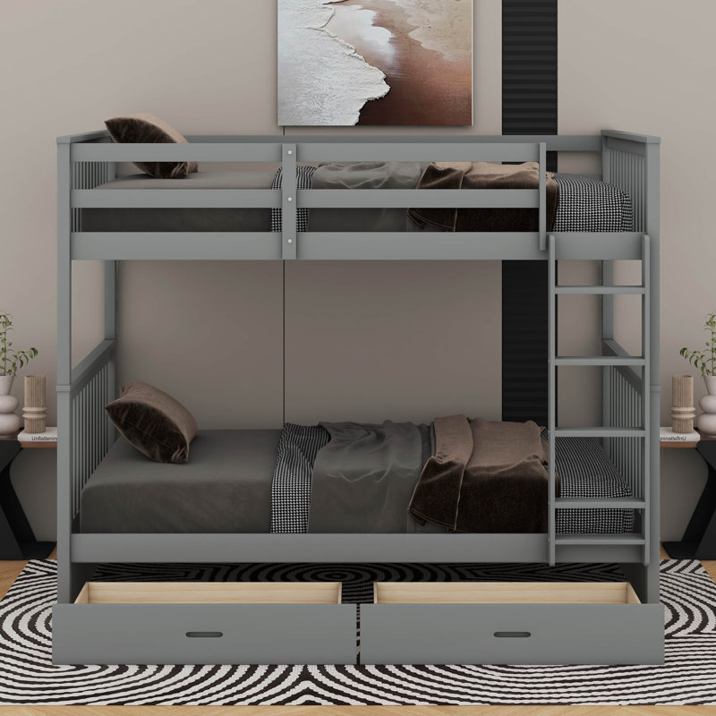 Lit superposé avec échelle et tiroirs de rangement, Gris, Simple sur simple