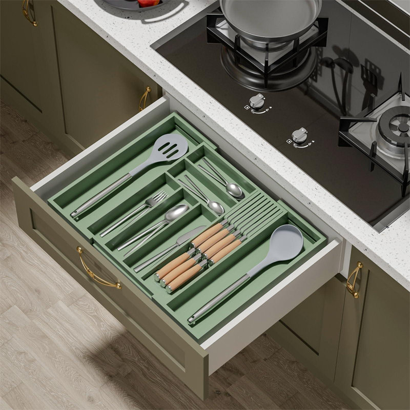 Bambou-Argenterie-Tiroir-Organisateur-Cuisine, Porte-ustensiles extensible Porte-ustensiles Couvertures de rangement réglables en bois (avec bloc à couteaux amovible) (vert grisâtre)