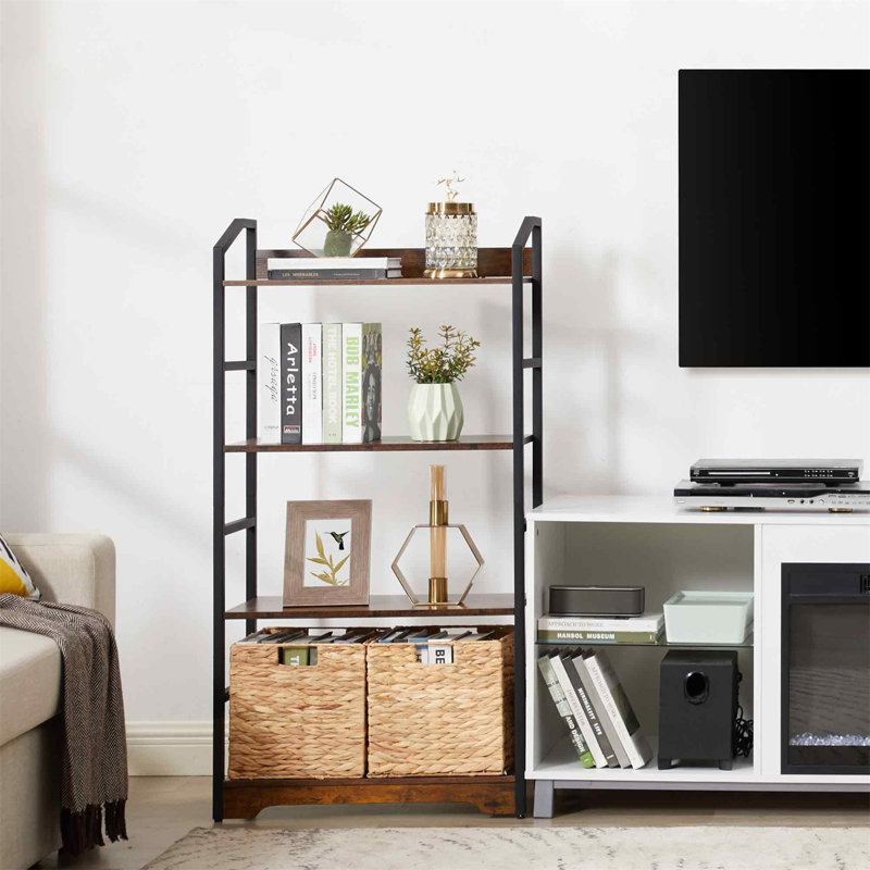 Multifunctional Rustic 4-Tier Bookshelf With Storage Baskets - Sturdy & Adjustable, Noir / brun