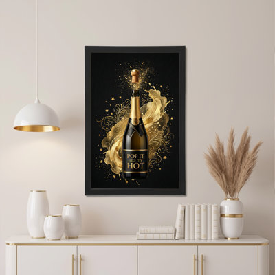 Champagne Bottle Gold Floral Pattern Canvas Wrapped Wall Art Oil Painting Print Set Of 1