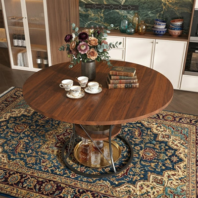43" To 59" Expandable Round Dining Table For 4-6 People - Extendable Farmhouse Kitchen Table With Storage Shelf - Walnut Wood Top & Black Metal Base - Brown