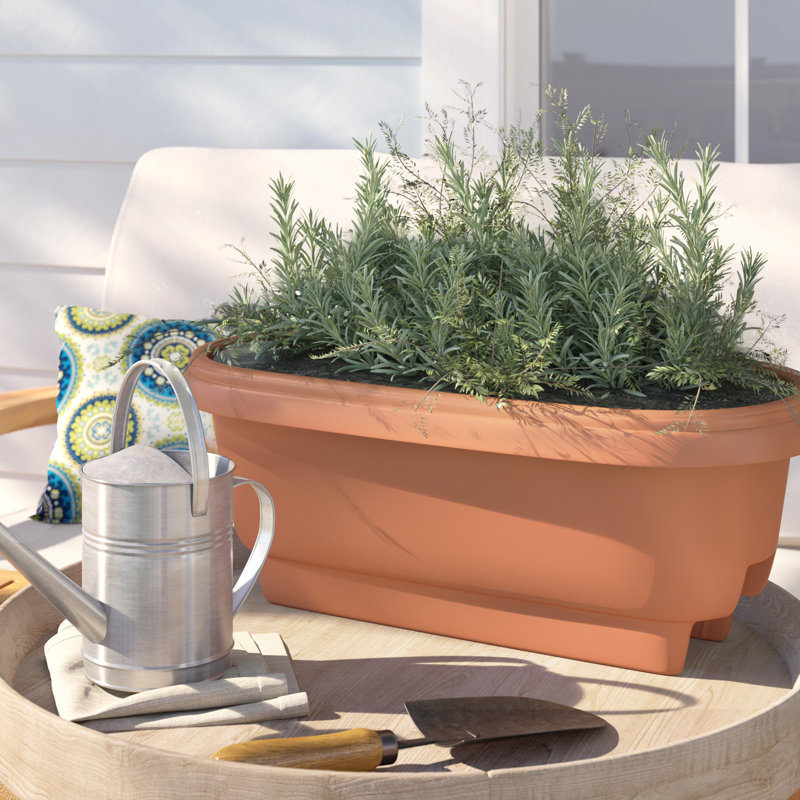 Classic Deck Rail Traditional Plastic Indoor/Outdoor Wide Oval Planter, Terra Cotta, 9" H x 24" W x 12" D
