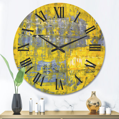 Modern Wood Wall Clock - Yellow Meets Grey Abstract Art I