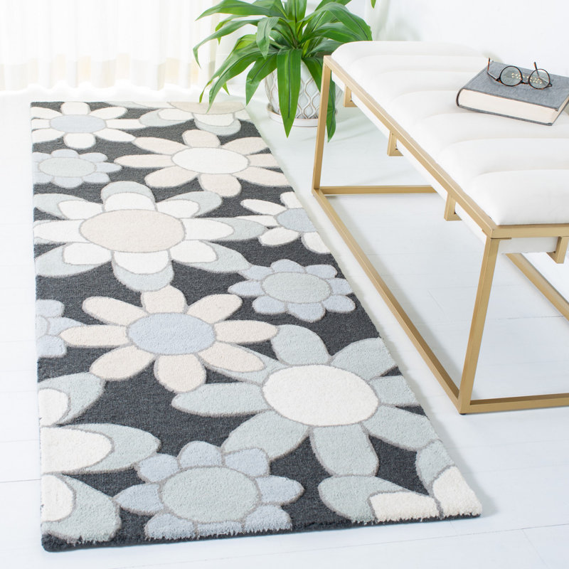 Tapis crème / ivoire / gris en laine touffeté à la main Asel, Tapis de couloir de 2 pi 6 po x 8 pi