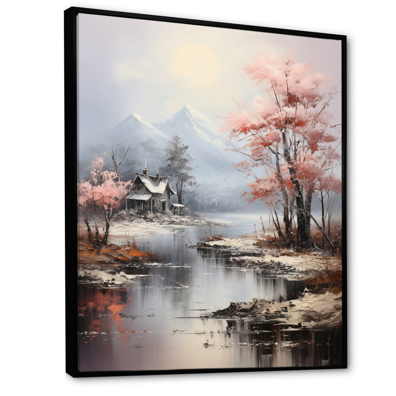 Haylow, paysage romantique nuances de rose bleu II, Cadre flottant noir, H 32 po x l 16 po x P 1 po