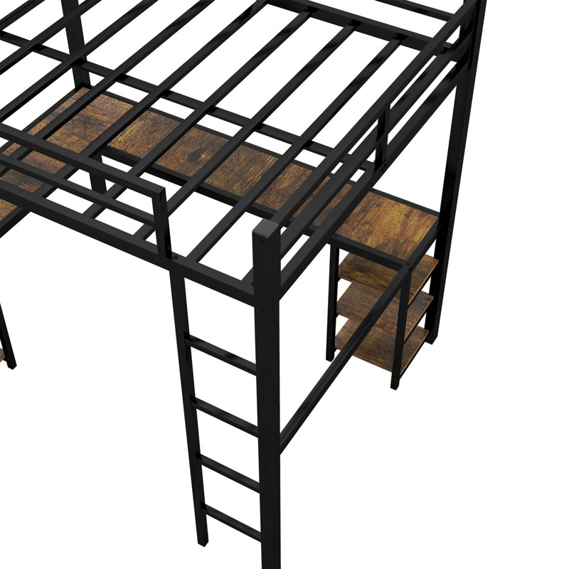 Lit mezzanine en métal avec bureau et tablettes, Noir / brun, Lit double