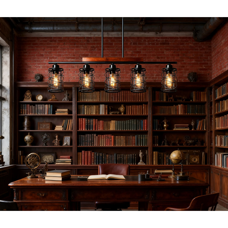 Luminaire suspendu pour îlot de cuisine, lustre linéaire à 5 lumières de style campagnard en bois et métal, luminaire suspendu réglable pour salle à manger sur table