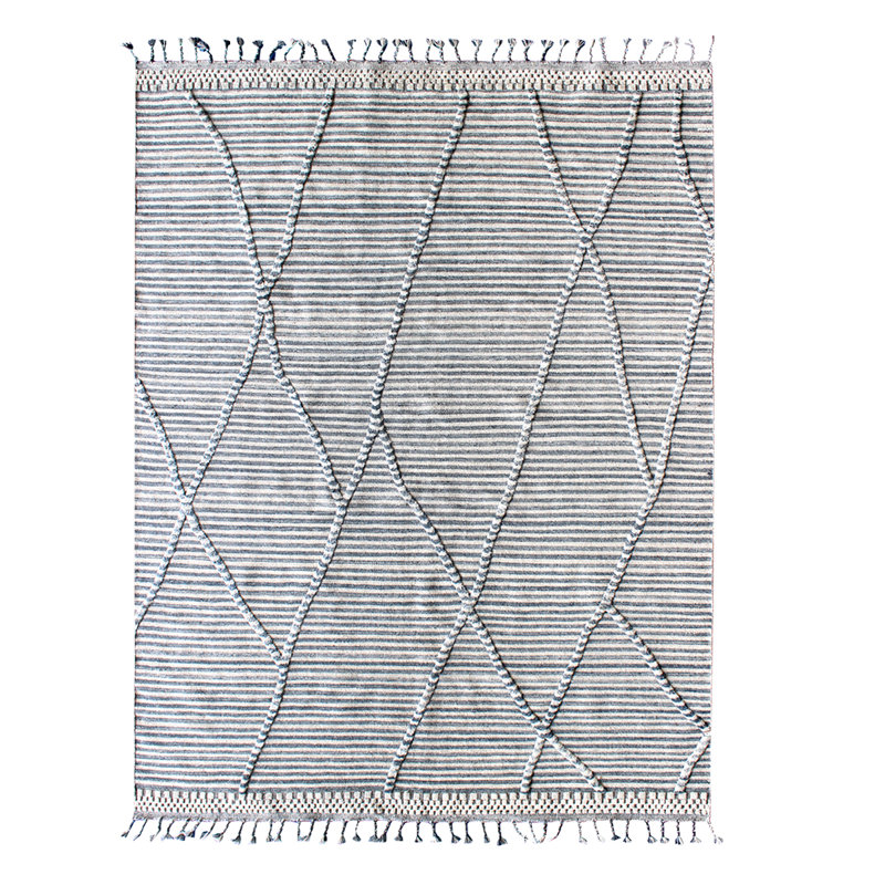 Tapis bleu et ivoire marocain de haute qualité noué à la main, Rectangle 6 pi x 9 pi