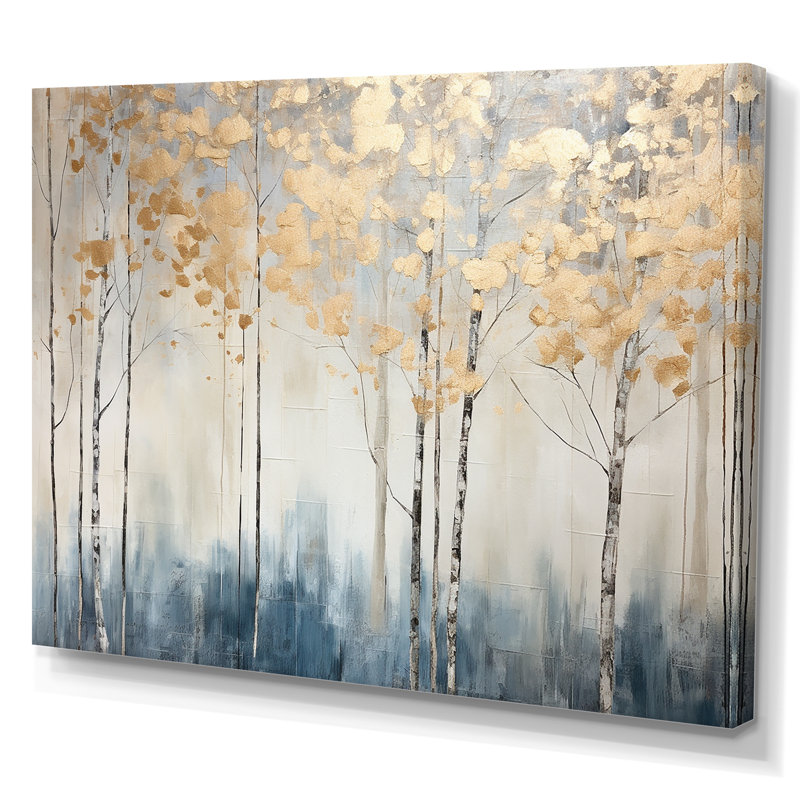 Minimalisme bleu et forêt dorée II - forêt, art mural, H 34 po x l 44 po x P 1,5 po, Toile tendue